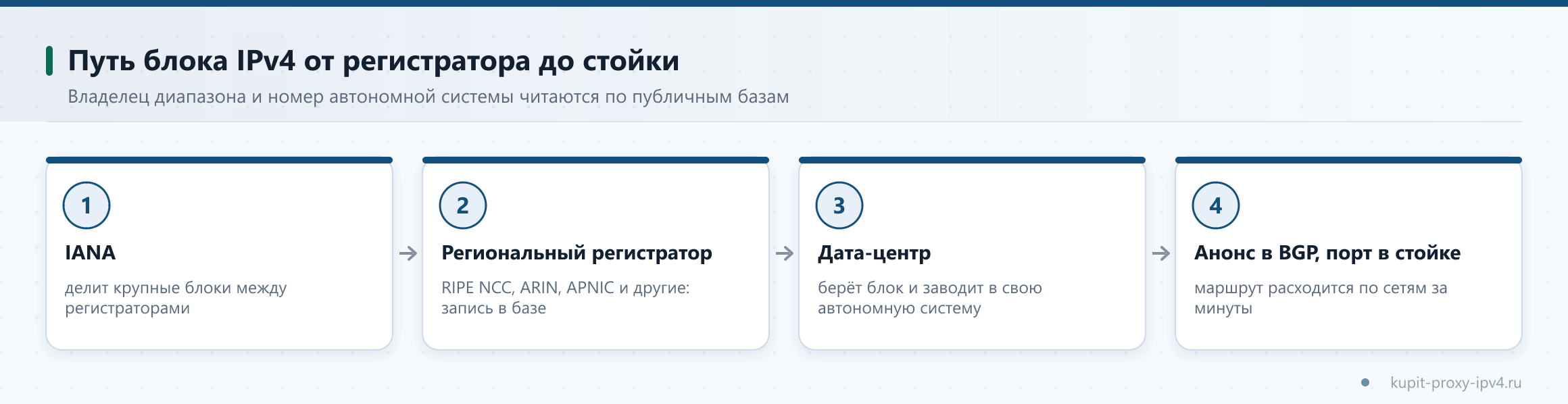 Путь блока IPv4 от регистратора до стойки. Владелец диапазона и номер автономной системы читаются по публичным базам, схема по теме «Серверные прокси IPv4: откуда берутся адреса дата-центров»